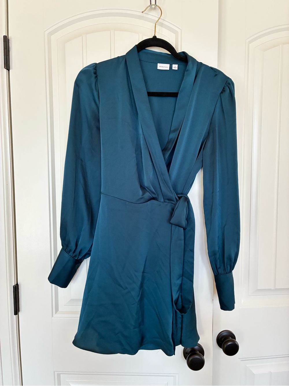 Babaton Teal Wrap-Front Long Sleeve mini Dress
